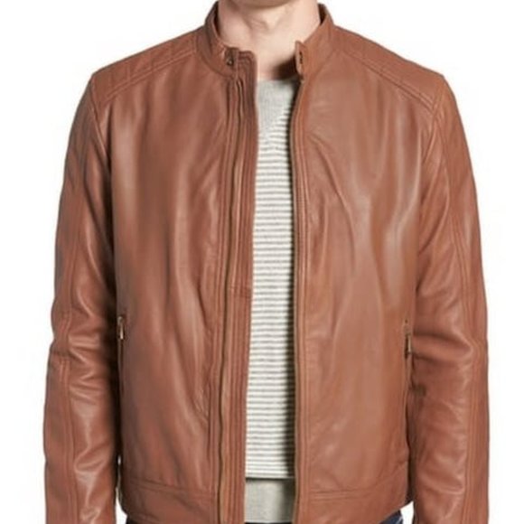 Cole Haan Mens Washed Vintage Leather Stand Collar Jacket - Picture 1 of 3
